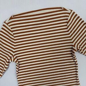 Old Navy Womens Brown White Striped Ribbed Boat Neck Elbow Sleeve Top Medium